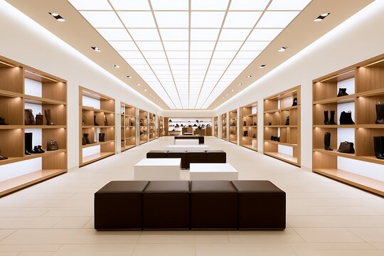 Spacious modern shoe retail store with wooden shelves, minimalist seating, and bright recessed ceiling lighting in a clean, contemporary setting