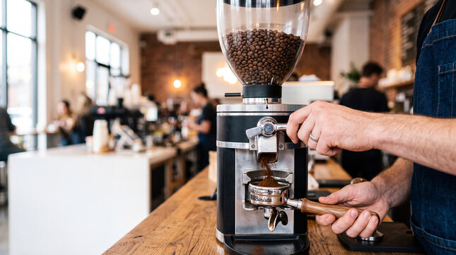 Barista Hand Grinding Coffee Beans in Modern White Cafe with Copy Space, Coffee Shop Promotion Photography
