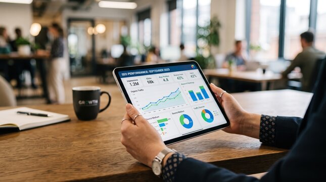 Person holding tablet displaying SEO performance dashboard with graphs and metrics, working in modern open-plan office with colleagues and coffee mug on wooden table.