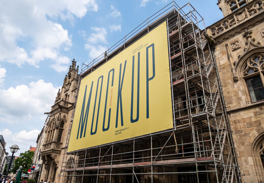 Large building scaffolding banner mockup outdoors