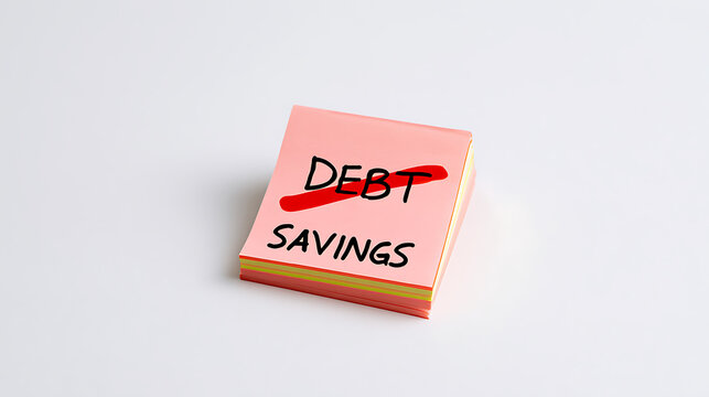 Debt cancellation and savings concept with a note pad on a white table background symbolizing financial freedom and smart money management
