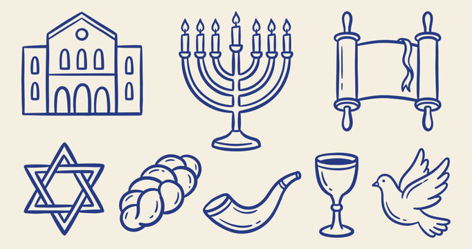 Cute blue line art vector set of Jewish holiday and tradition icons on beige background