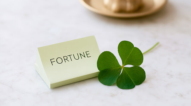 A green clover leaf, Trifolium, next to a fortune note card on a white marble surface, symbolizing luck, hope, destiny and prosperity