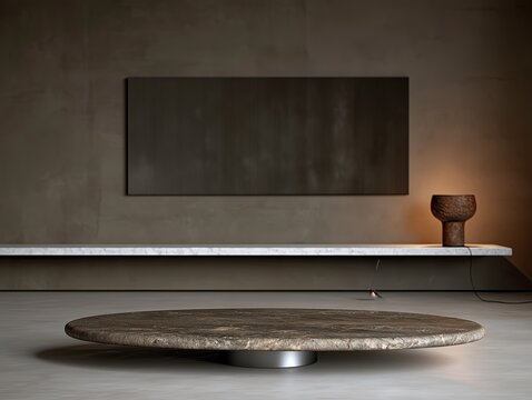 Sculptural low coffee table with abstract wall art in minimalist luxury interior