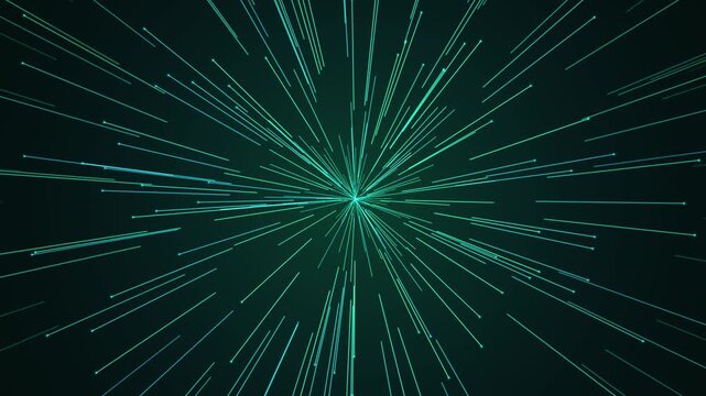 Abstract teal light speed lines background, hyperspace warp tunnel motion effect