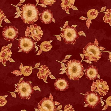 Abstract Watercolour flower allover design seamless floral pattern dark red colour background stock design creative new concept textile design repeat pattern fabric print design 