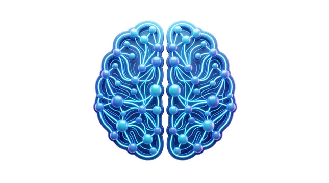 Abstract 3d blue neon brain with connected nodes png solated on transparent background