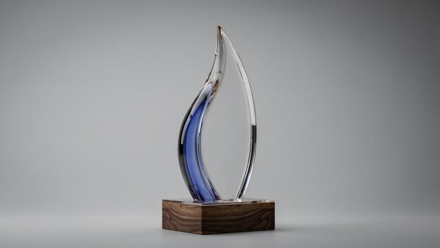 Elegant glass award trophy featuring blue curved interior accents resting on a polished wooden base against a smooth gray backdrop