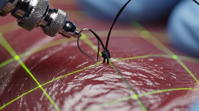 Macro view of robotic surgical suturing on tissue.