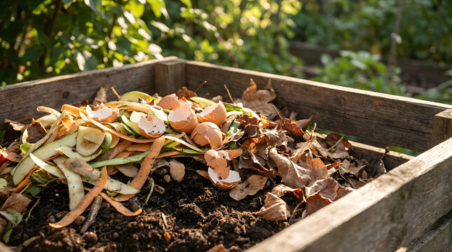Compost bin filled with organic waste including vegetable peels, eggshells, and dry leaves for sustainable gardening. Eco-friendly soil enrichment process in a wooden container for home agriculture.