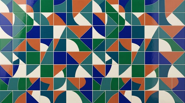 Photorealistic seamless pattern of premium contemporary ceramic wall tiles with bold geometric design in vibrant jewel tones