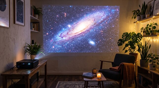 A digital projector in a cozy,darkened room projecting a breathtaking starry galaxy scene onto a textured white wall. The room is decorated with indoor plants and soft ambient lighting Beautiful scene