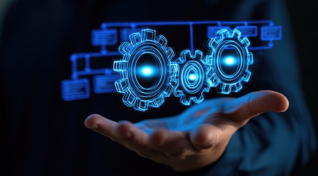 A glowing blue wireframe flowchart with interlocking gears hovers over a hand