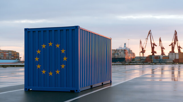 Shipping container with European Union flag print stand at industrial port terminal dock yard with cargo ship and crane silhouette background