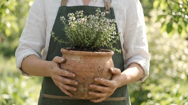 Gardener in Green Apron Holding Potted Flowering Thyme Herb in Sunny Garden