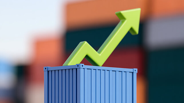A green arrow points upward over a blue shipping container, symbolizing global logistics growth, export profit, trade success, and economy