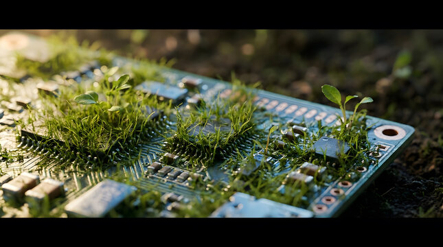 Green technology electronic circuit board overgrown with wild green grass and small plants in soil, sustainable innovation concept, eco friendly digital hardware, nature reclaiming modern computer.