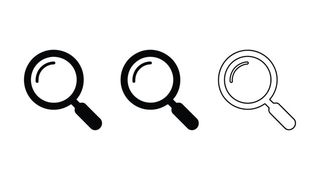 Set of three magnifying glass icons in different styles including filled outlined and line art on a transparent background for search and magnification symbols