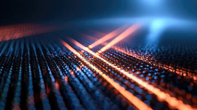 Glowing digital grid with abstract light streaks, futuristic technology