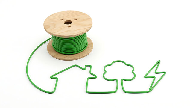Green power cable unwinding from spool into house, tree, and lightning bolt symbols