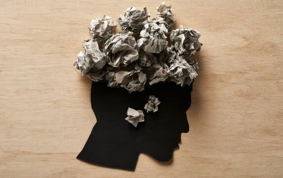 Silhouette of a head filled with crumpled paper, symbolizing thoughts