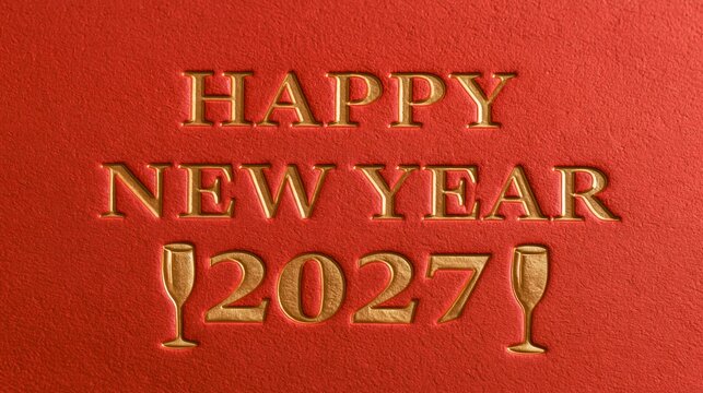 Happy new year 2027, new year's eve party celebration greeting card - red background texture with golden text