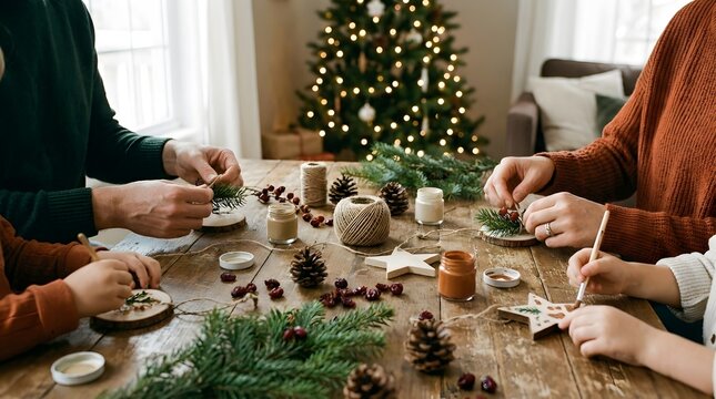 Family crafting handmade Christmas ornaments and decorations together at a wooden table with a holiday tree