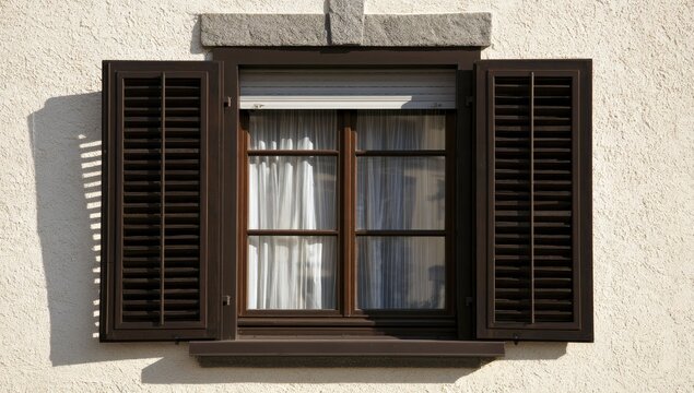 Rustic cottage window with open brown shutters and white curtains inside