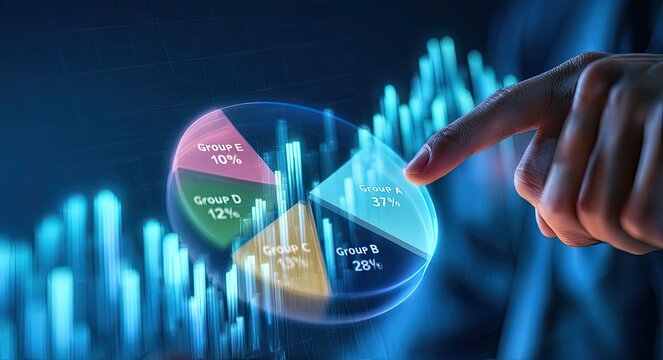 Person's finger interacts with glowing pie chart and futuristic data visualization
