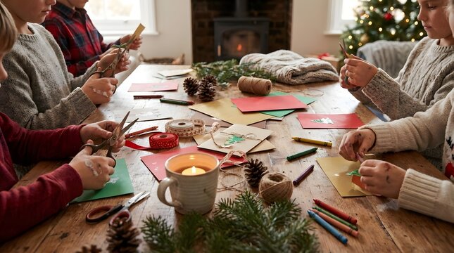 Children making handmade Christmas cards and crafts together around a wooden table during a cozy winter evening