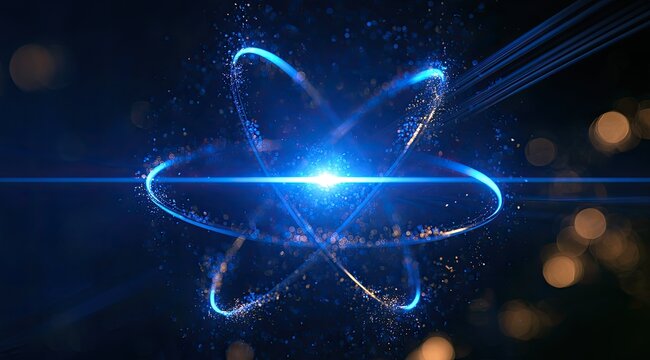 Glowing atomic structure with orbiting particles, science, energy, bright