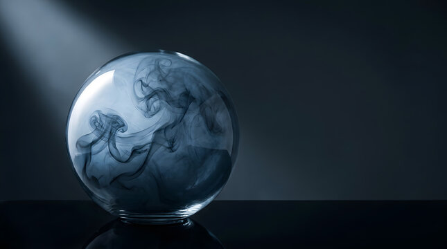 Abstract Glass Sphere with Swirling Dark Smoke Inside against a Moody Dark Grey Background for Artistic Concepts, Mystical Fortune Telling, Minimalist Modern Interior Design and Creative Wall Art.