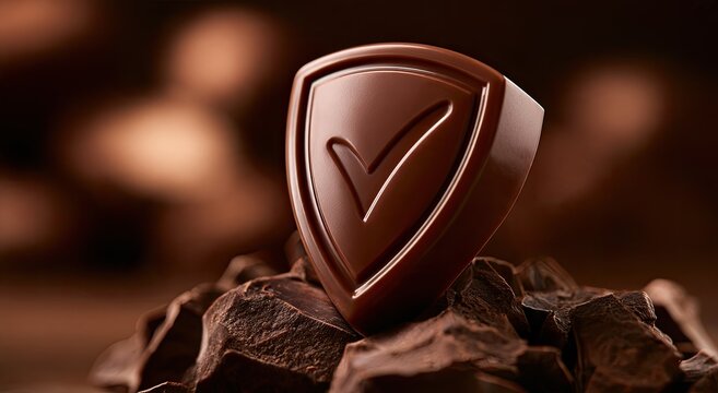 Rich dark chocolate shield emblem sits atop rough chunks of cacao