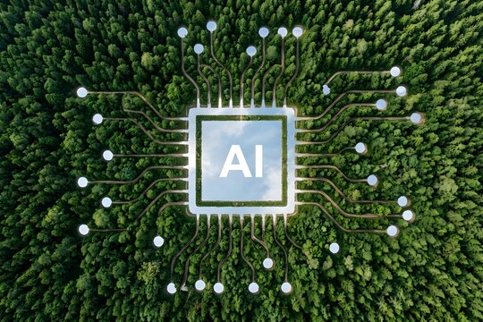 A high-angle aerial view of a central square processor chip icon labeled AI embedded into a dense, sprawling forest landscape connected by branching paths