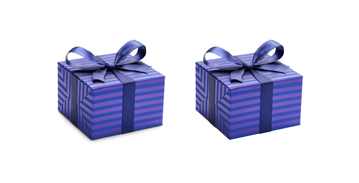 Two blue and purple striped gift wrapped presents with blue ribbon bows, one with a shadow, one without isolated against a transparent background.