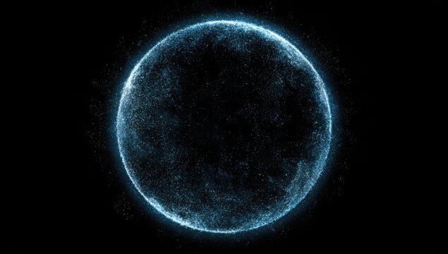 Glowing blue sphere of light particles on a black background