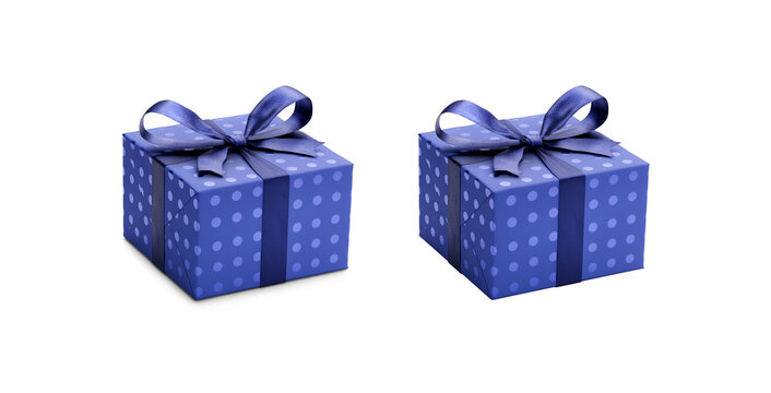 Two blue gift wrapped presents with blue metallic spots with navy blue  ribbon bows, one with a shadow, one without isolated against a transparent background