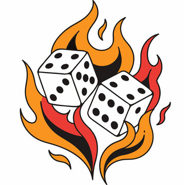 Flaming Dice Vector Illustration with Rolling Gambling Concept