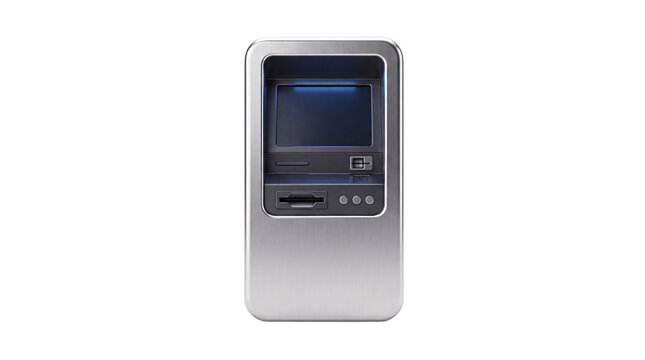 Silver atm machine with screen and card slot png solated on transparent background