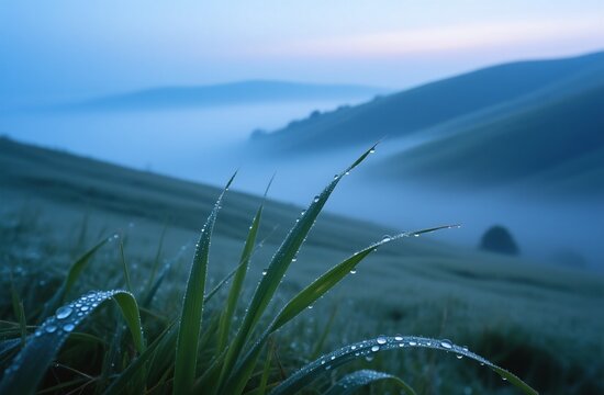 dewy grass blades in mist