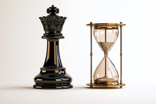 Black chess queen piece standing next to a golden hourglass isolated on white background