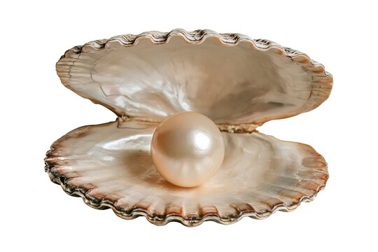 A beautiful shiny pearl resting inside an open seashell isolated on white background