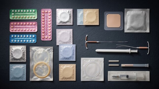 Flat lay of various contraception methods on dark background. Birth control pills, condoms, IUD, patch, ring, implant and syringe arranged in rows.