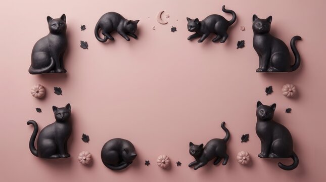 Elegant black cat figurines in playful poses on textured background