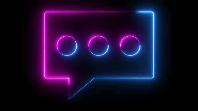 glowing, neon pink and blue color bubble message box icon animation sign symbol on black background	