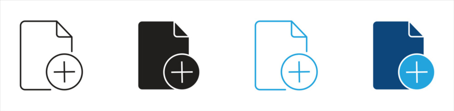 Add Document Icon Set, Representing File Creation, Document Addition, New File, Upload, Data Management, and Office, Vector Illustration
