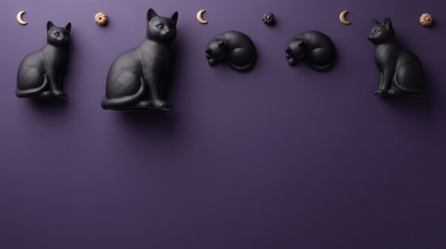 Mystical cat figurines with celestial accents against purple backdrop