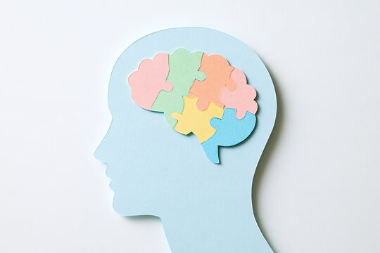 Abstract human profile silhouette with colorful jigsaw puzzle representing brain