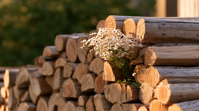A beautiful bouquet of white wild chamomile flowers Matricaria chamomilla placed gently inside a neat stack of rough wooden logs outdoors