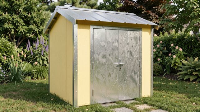 Garden storage shed with metallic doors in a backyard setting  